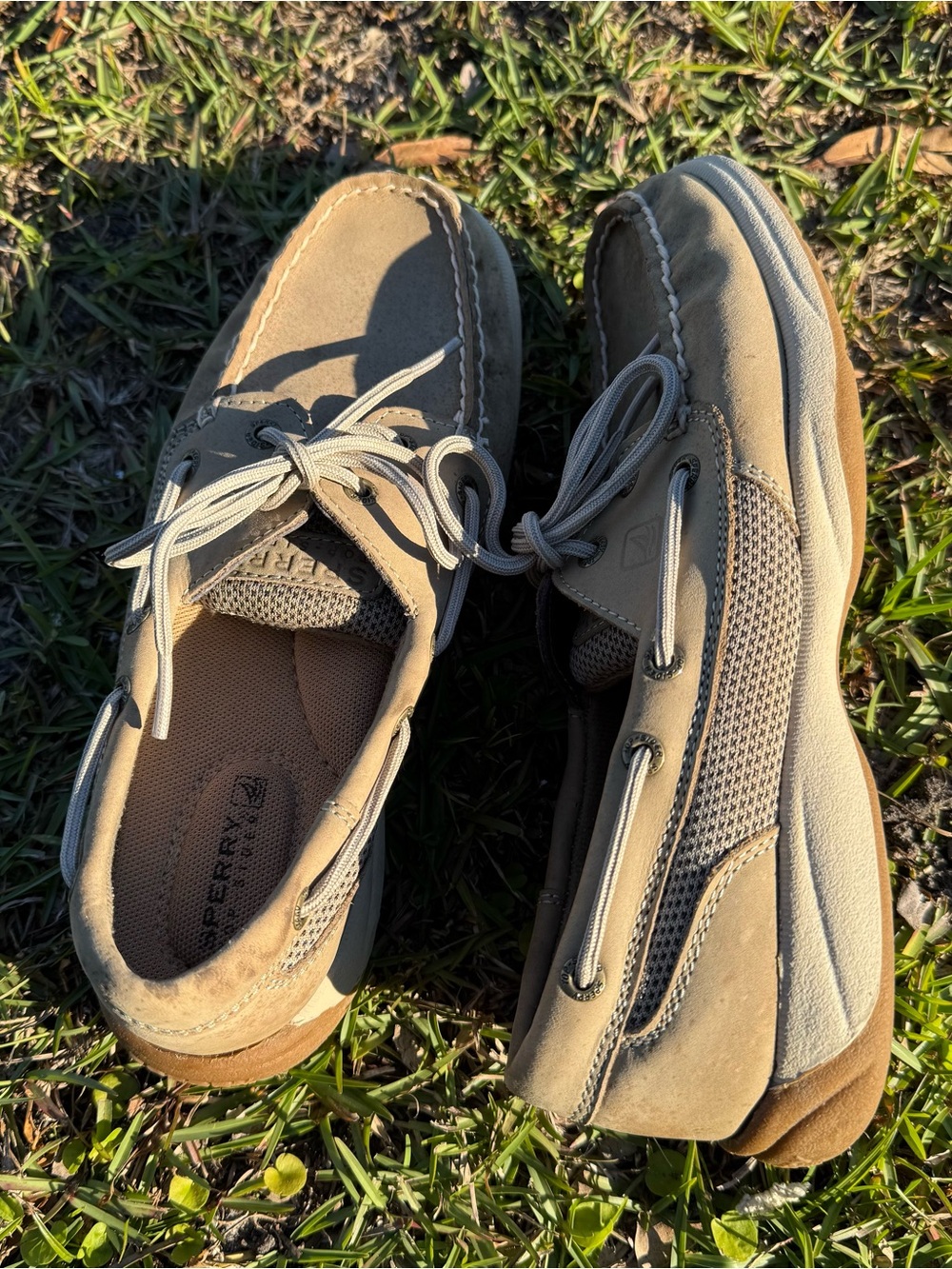 Sperry Top-Sider Women’s 6 M Taupe Leather Mesh Boat Shoes Coastal Preppy